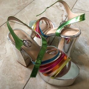 Metallic rainbow platform strappy heels
